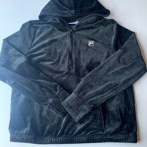 FILA Women's Velour Track Jacket Quarter Zip Hoodie Black Size MEDIUM Y2K